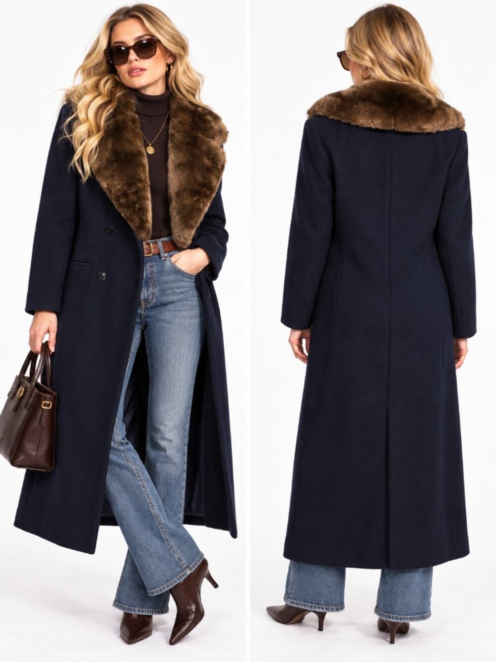 J.G. Hook Vintage Forstmann Wool Long Coat Women Navy Brown Fur Collar Size 6-8